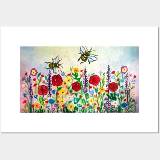 Summer meadow flowers and bees watercolor Posters and Art